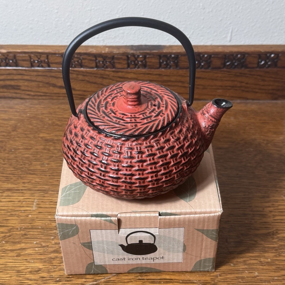 Hues N Brews Red Cast Iron Teapot Tea Kettle Infuser‎ Basket New In Box